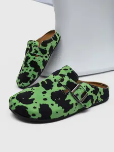 Cloud-Soft Cow Print Mules - Neon Green Slip-On Walking Shoes for Casual Outings & Home Relaxation - Comfortable All-Day Wear - Footwear