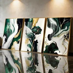 3Pcs Aluminum Alloy Framed Painting, Abstract Green And Gold Floral Art Picture, Home Decoration For Living Room, Bedroom, Office, Restaurant, Hallway Wall Decor, Odorless Print Artwork, Luxury Perfect Gift For Friends And Family