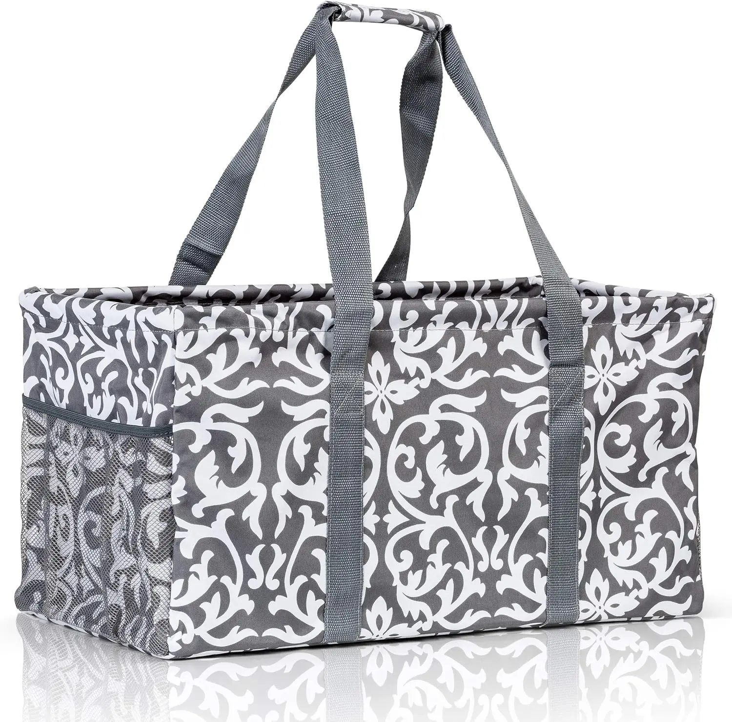Extra Large Utility Tote Bag - Oversized Collapsible Reusable Wire Frame Rectangular Canvas Basket With Two Exterior Pockets For Beach, Pool, Laundry, Car Trunk, Storage - Damask Gray