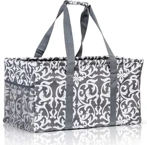 Extra Large Utility Tote Bag - Oversized Collapsible Reusable Wire Frame Rectangular Canvas Basket With Two Exterior Pockets For Beach, Pool, Laundry, Car Trunk, Storage - Damask Gray