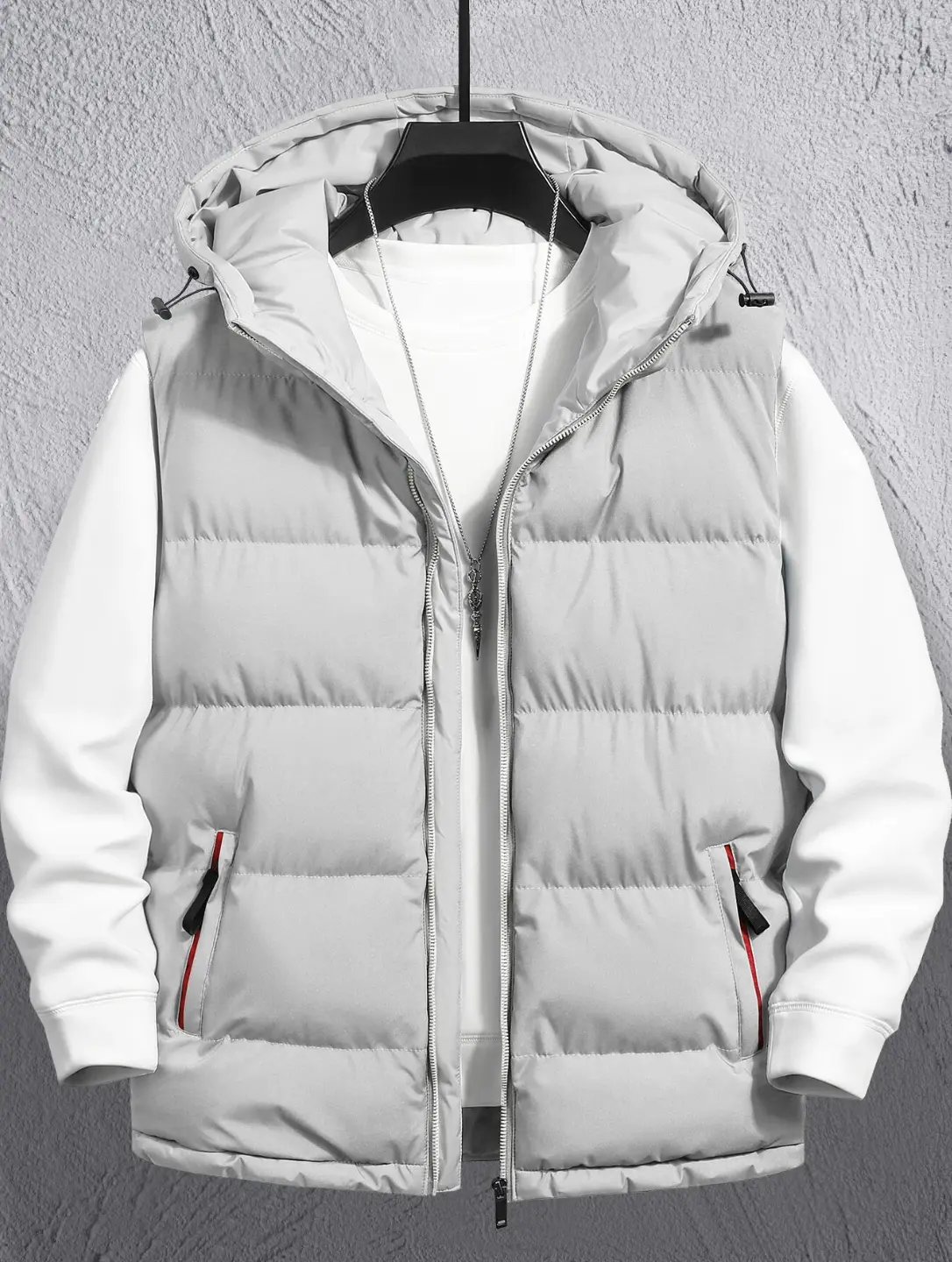 Men's Light Gray Hooded Zipper Puffer Vest