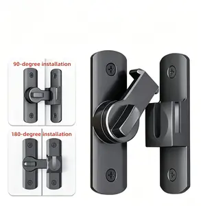 Heavy-Duty Aluminum Door Latch - No-Power Sliding Barn Security Lock, 90/180 Degree Opening, Solid Black Metal, Punch-Free Installation, Anti-Theft Buckle for Interior Doors, Door Locks for Home