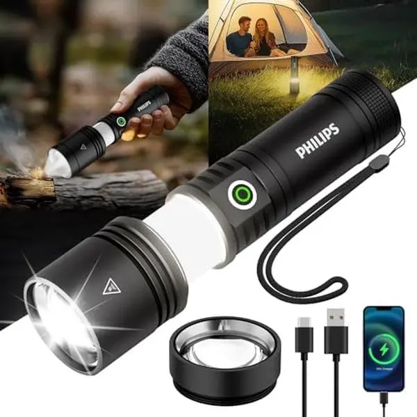 Philips Rechargeable Laser Emergency LED Flashlight - High Lumen, Strong Light, Long Range, Portable, Ultra-Long Lighting Endurance, Suitable for Outdoor Camping & Home Use, Led Flashlight Rechargeable