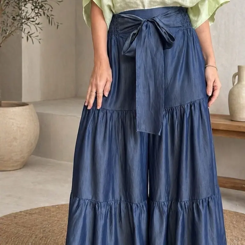 Carmine Blue Tiered Wide Legs Palazzo Pants High Smock Waist with Removable Self Tie Belt Flowy Boho Style Trousers Tencel Fabric One Size Fits Made in Italy