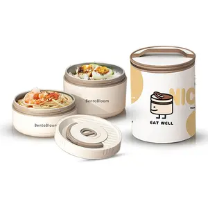 Bento Box Adult - Round Stackable Box for (450ml & 600ml) with Carry Bag |   304 Stainless Removable Inserts |   & Dishwasher Safe, White