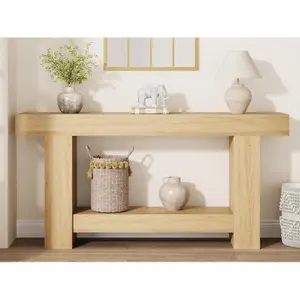 Garvee 63" 2-Tier Farmhouse Entryway Console Table with Open Storage & Sturdy Metal Legs Natural Wood for Living Room Hallway Foyer