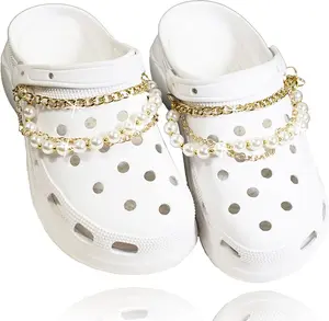 Pearl Shoe Chain Accessories Cute Shoes Charm 2 Pieces DIY Bling Metal Chains Acrylic Rhinestone Party Favors Birthday Gifts Clog Sandals Casual Shoes Decor for Women Adult Girl