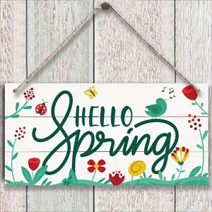 Hello Spring Letter Pattern Wooden Hanging Sign, Welcome Sign, 1 Count Colorful Flower Grass Pattern Hanging Sign, Spring Home Decor, Room Decor, Door Decor, Party Decor