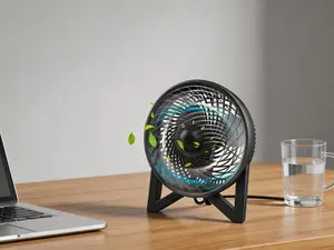 8-inch portable desk fan in black, featuring 2 speed settings and quiet operation. Compact lightweight design for bedroom, office, kitchen and camping use.
