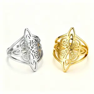 Fashionable men's and women's style all-match double-layer witch knot Celtic triangle outer frame stainless steel ring couple gift amulet jewelry