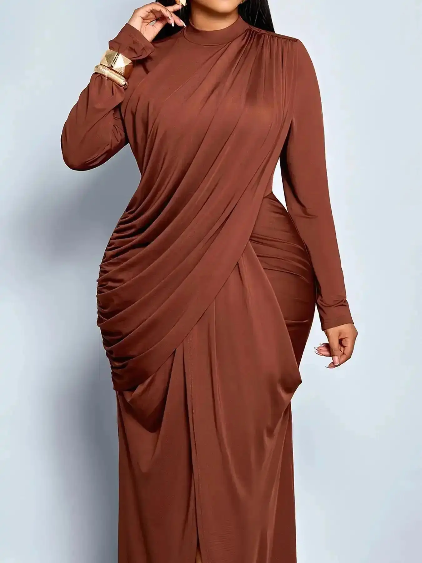 Women Elegant Fall Winter Plus Size Dress 2026 Stand Collar Ruched Fitted Bodycon Long Sleeve Plain Design Commuter