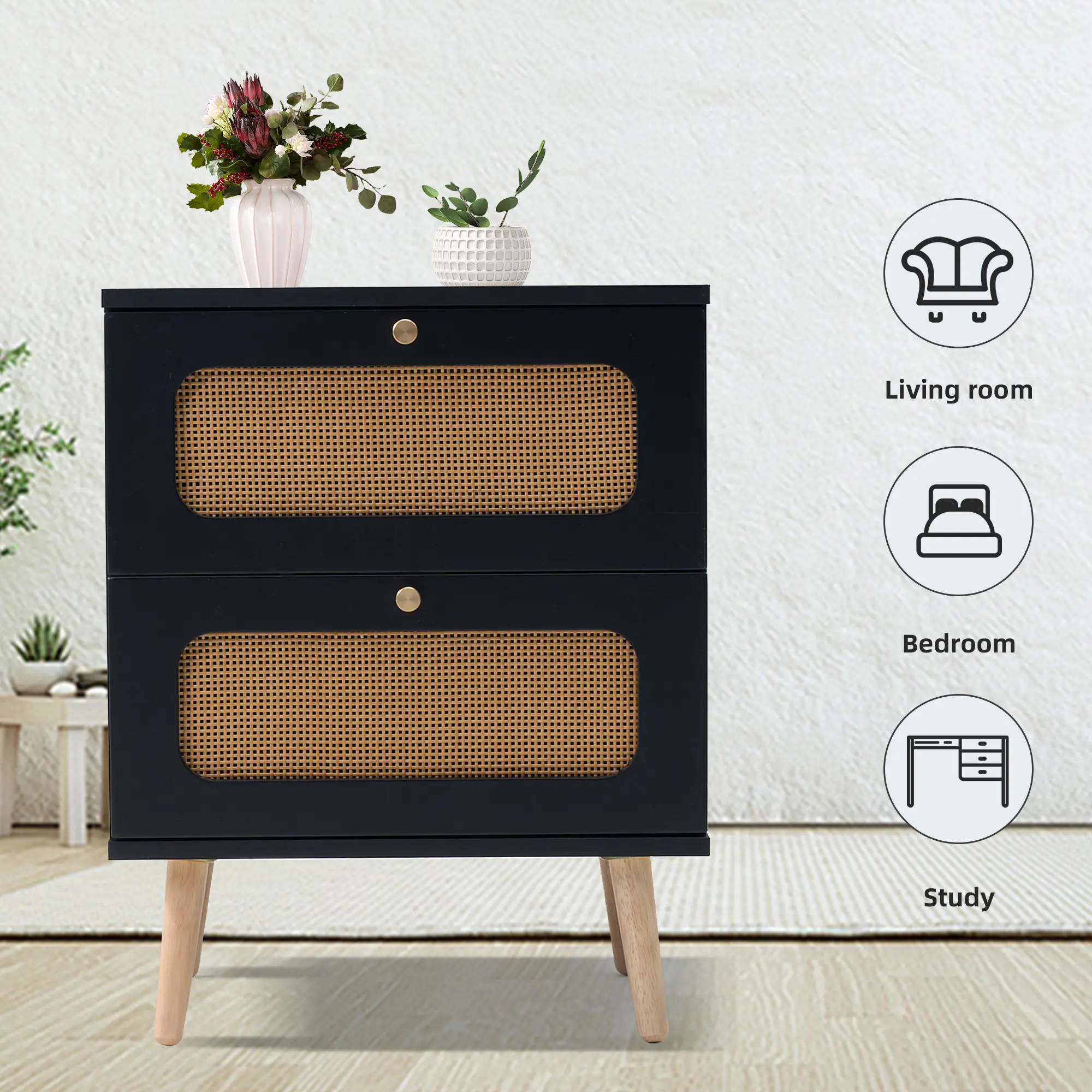 Coastal 2-Drawer Natural Rattan Nightstand with Solid Legs, 50lbs Weight Capacity, Handmade Rattan Drawers, Indoor End/Side Table for Bedroom, Includes Screws