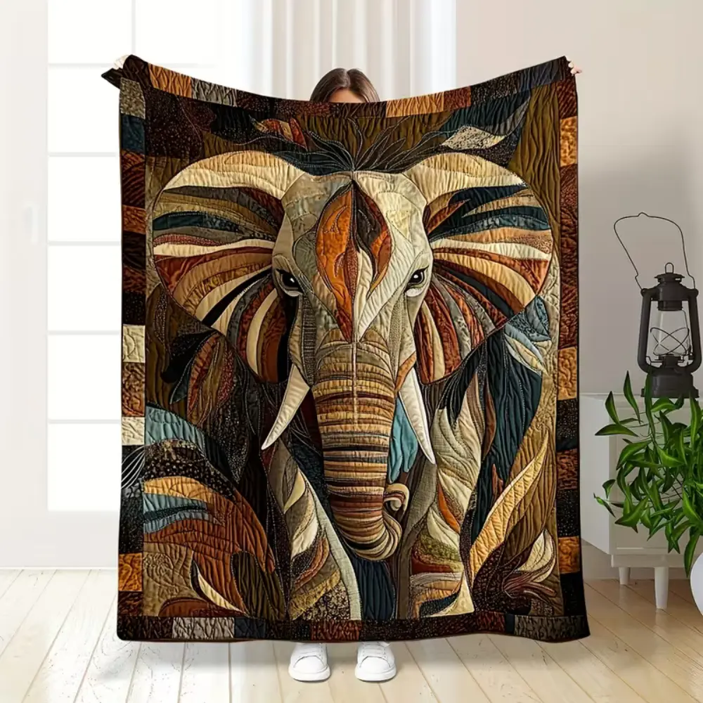 Abstract Elephant Patchwork Art Flannel Blanket 280 GSM Cozy Soft Warm Plush Microfiber Throw Blanket Aesthetic Animal Wildlife Home Decor Bed Sofa