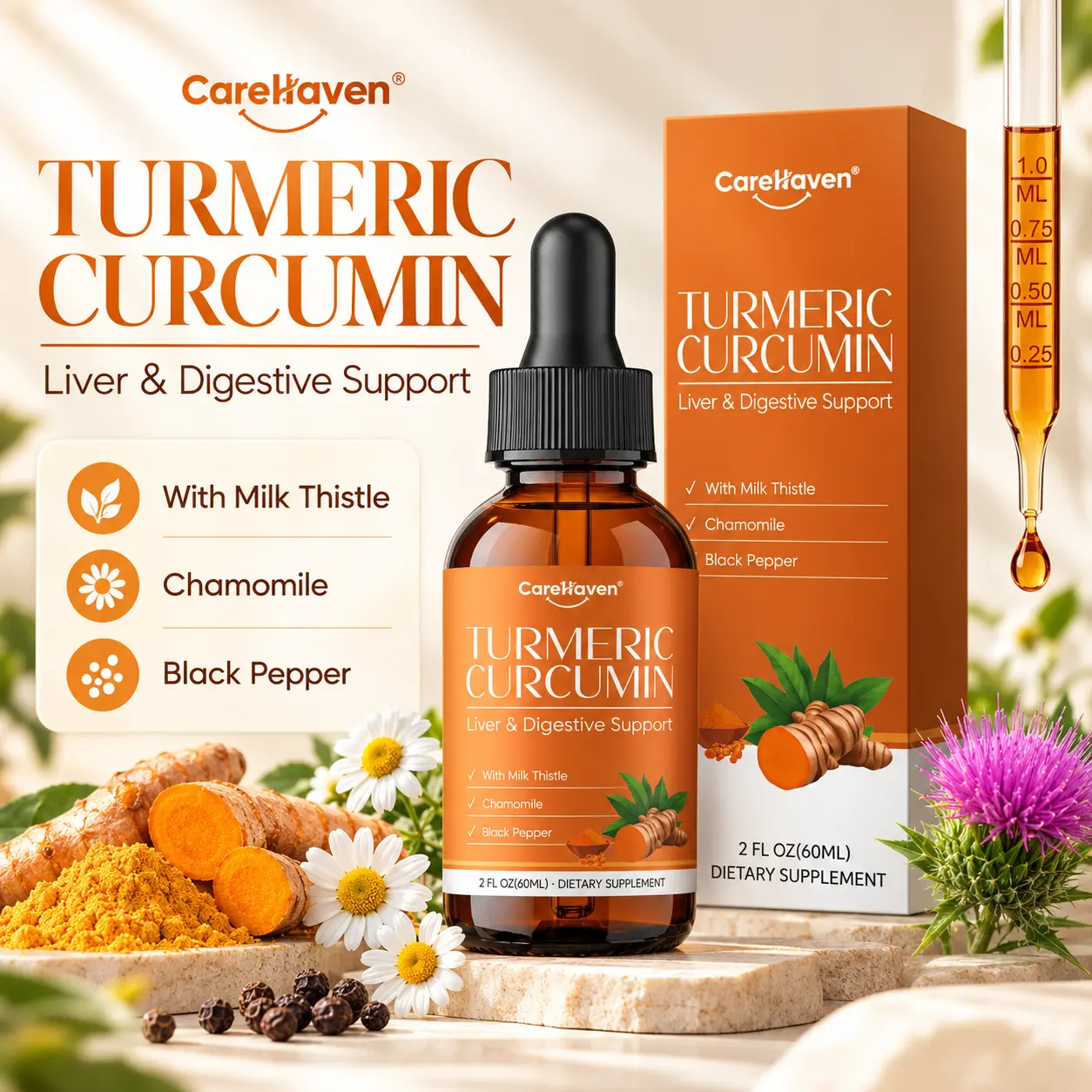 CareHaven Turmeric Curcumin Liver & Digestive Support with Milk Thistle Chamomile Black Pepper 2 FL OZ Dietary Supplement