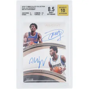 Joel Embiid and Andrew Wiggins Autographed 2016-17 Panini Immaculate Collection Dual Autograph #56 #27/49 BGS Authenticated 8.5/10 Card - 9,8.5,8.5,9 Subgrades - Fanatics Authentic Certified