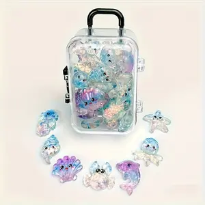 20pcs Mini Crystal Marine Theme Ocean Animal Figurines + 1pc Mini Luggage Set, Realistic Dolphin Conch Shell Decorative Decorations, DIY Handmade Ornament, Perfect For Gifting