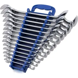 14-Piece Premium Angle Head Open End Wrench Set, Chrome Vanadium Steel, Include Standard Inch Sizes 3/8, 7/16, 1/2, 9/16, 5/8, 11/16, 3/4, 13/16, 7/8, 15/16, 1, 1-1/16, 1-1/8, 1-1/4 with Storage Rack