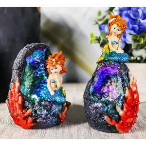 Ebros Nautical Blue Tail Mermaids With LED Light Geode Crystal Cave Figurines Set Of 2