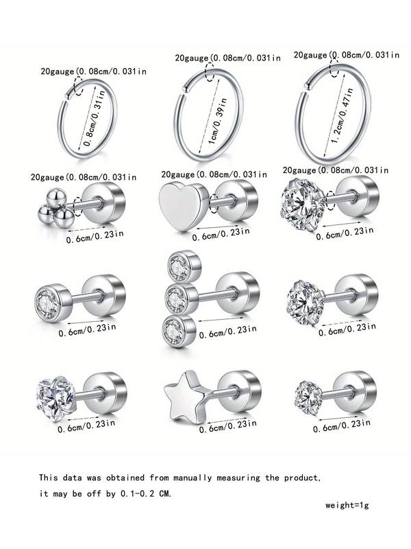 Mixed Style Rhinestone Decor Earrings Set, Stainless Steel Cartilage Earrings, Fashion Jewelry for Party, Daily Clothing Decor, Trendy All-match & Exquisite Jewelry for Gift