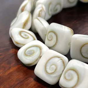 Shiva Eye Shell Beads From Pacific Ocean (Every Single Bead Made From Two Gigantic Operculum Shells - Matching Completed Spiral Matrix) Protective Door of Snail Shell - New Double Sided Design - Smooth Square