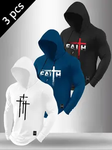 Men's Christian Faith Hooded Long Sleeve, Compression Fit Cross & "Faith" Print Athletic Shirts, Gym Workout Streetwear Tops #ChristianAthletic #CompressionShirt #FaithInspiredGym #WorkoutHoodie #TikTokMadeMeBuyIt