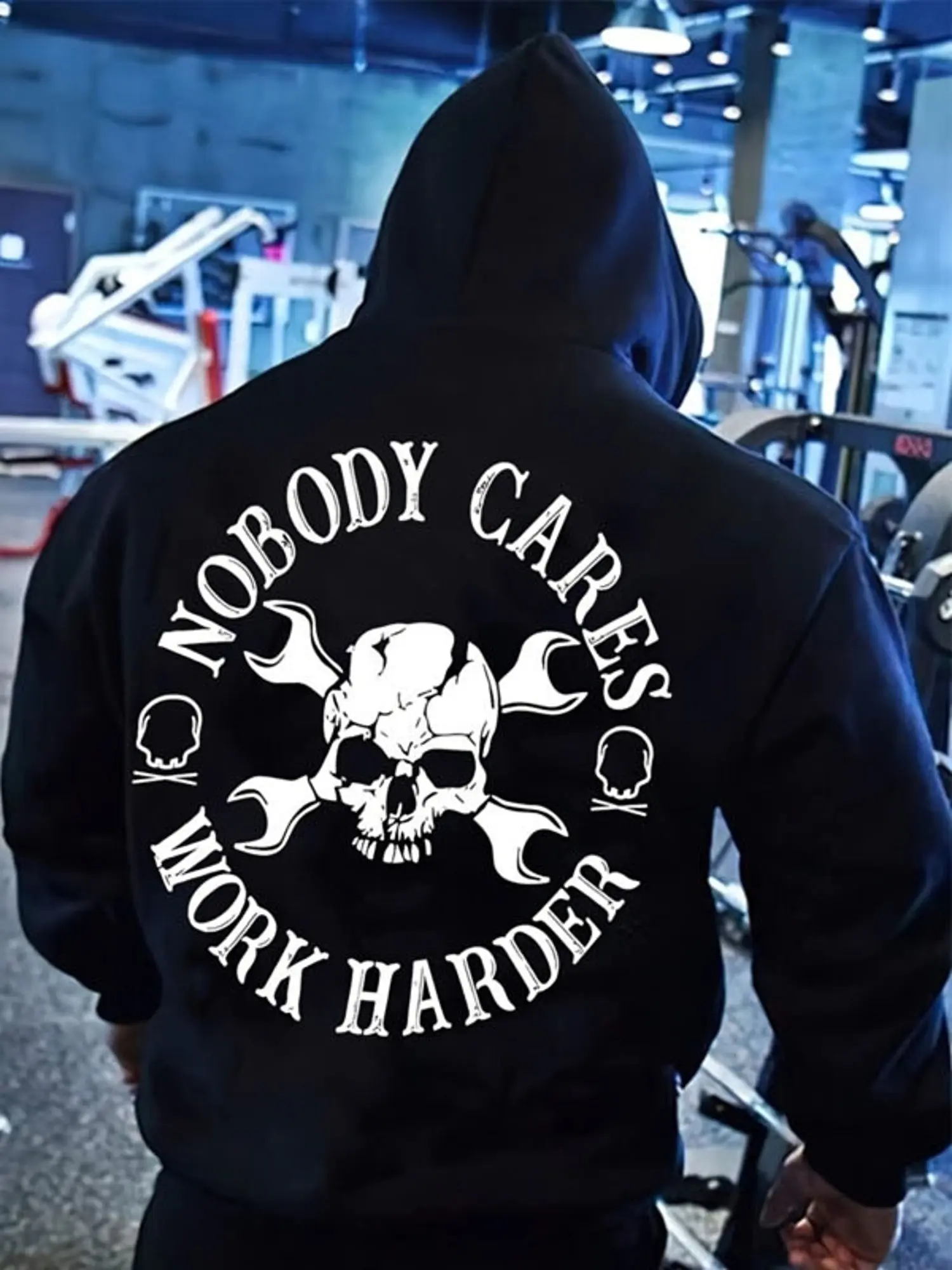 Men's Fashion Hoodie Tops - Black Skull Graphic "Nobody Cares Work Harder" Print Sweatshirts, Minimalist Fabric, Winter Loungewear for Gym & Daily Wear, Ideal Holiday Gift for Best Friends