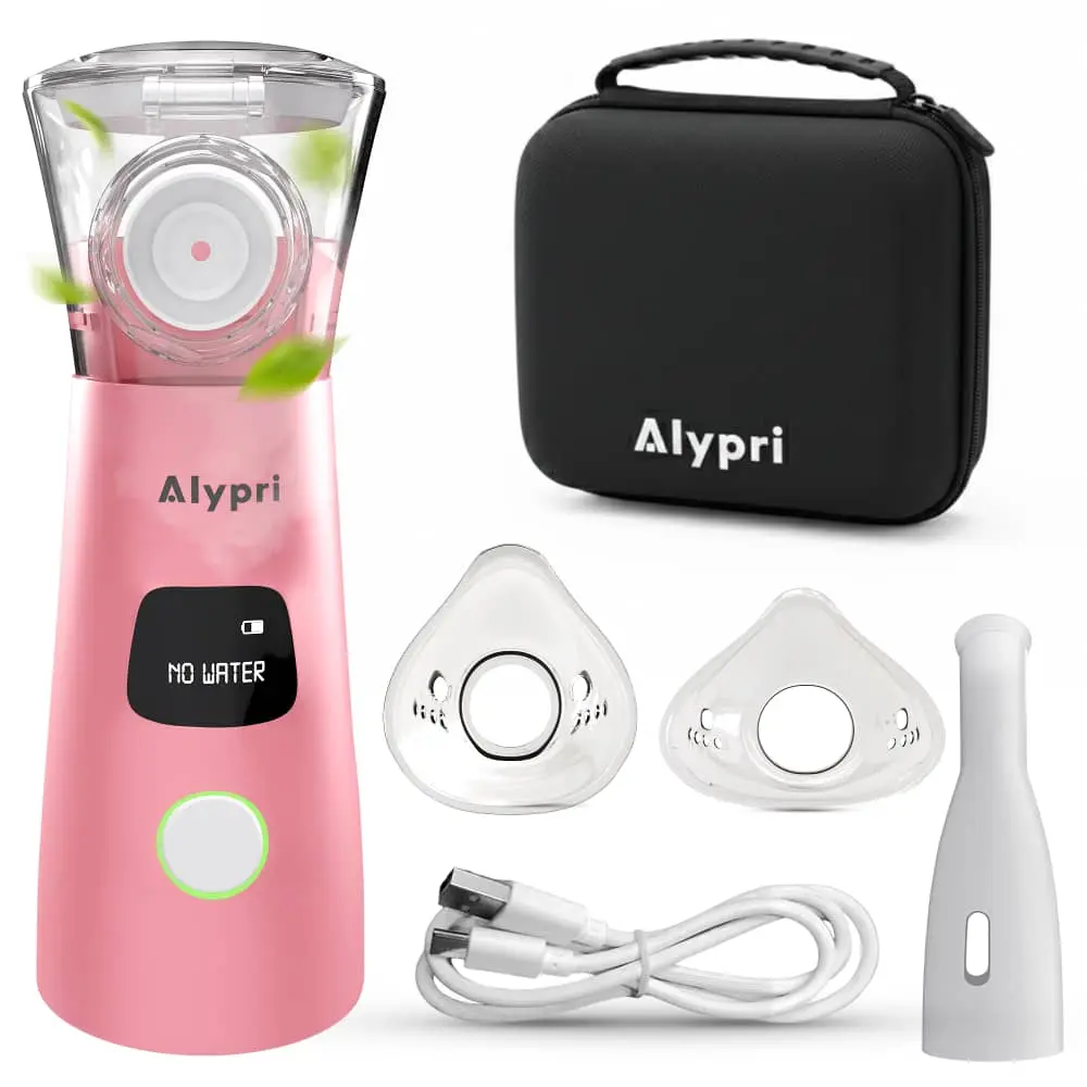 Alypri Portable Mesh Nebulizer for Adults and Kids, Handheld USB-C Rechargeable Portable Nebulizer with LCD Display, Quiet Fine Mist, Auto Shut-Off, Travel Case (Pink)