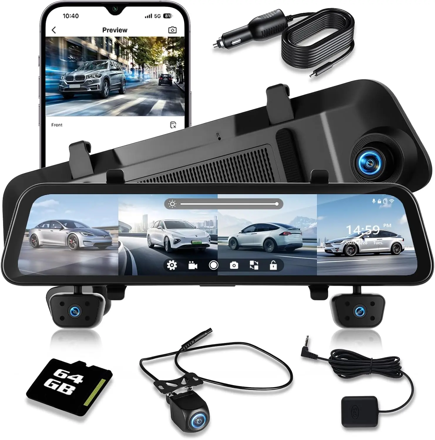 12'' Rearview Mirror Camera for Cars, 360 Degree View 4 Channel Cam, 1080Px4 Rear View Mirror Cam, IR Night Vision for Left and Right Inside Car Camera, GPS, WiFi/APP Control + 64GB Card