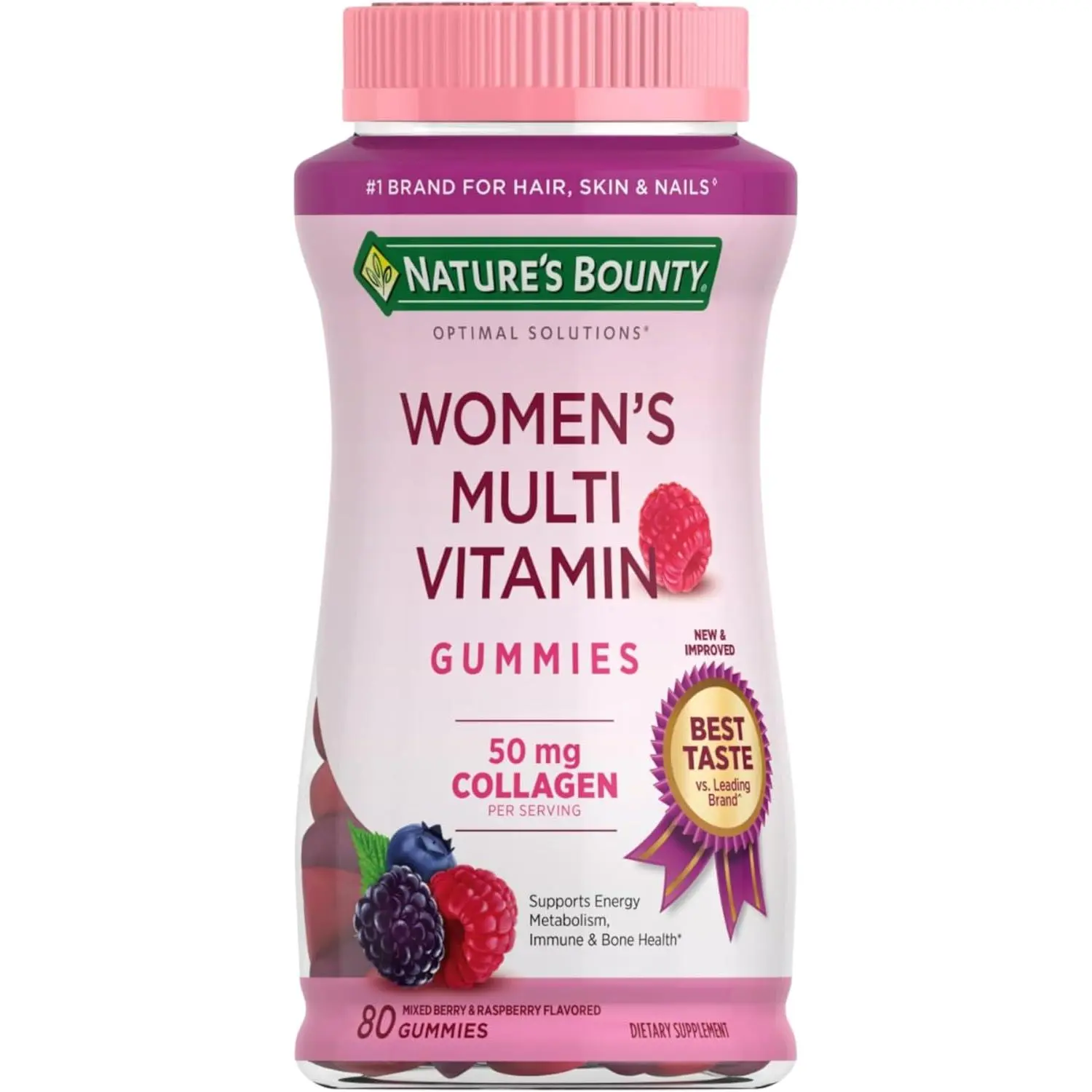 Nature's Bounty Optimal Solutions Women's Multivitamin, Immune and Cellular Energy Support, Bone Health, Raspberry Flavor, 80 Gummies, 40 Total Servings