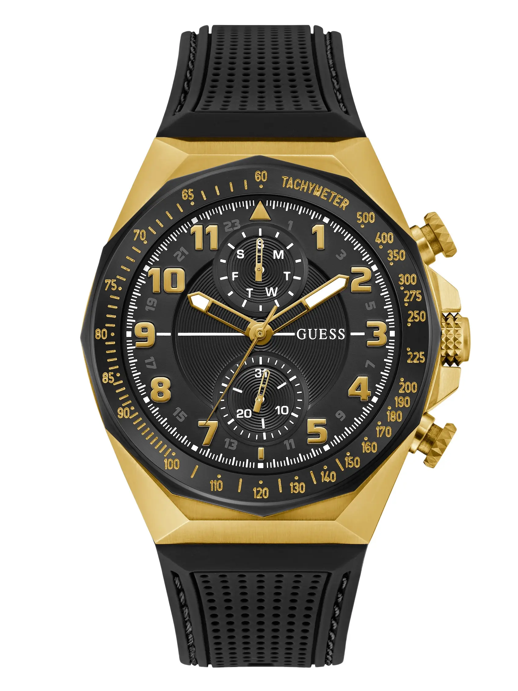 GUESS Male Gold-Tone and Black Silicone Chronograph Watch