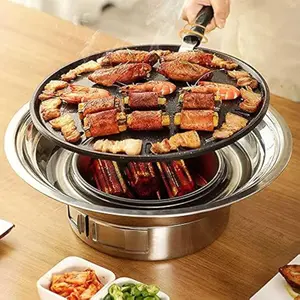 BBQ Charcoal Grill, 13.7 inch Non-stick Stainless Steel Korean Barbecue Grill, Portable Charcoal Stove for Outdoors Camping Picnic and Indoor Party Cooking