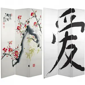 Cherry Blossoms 6 ft. Tall Double Sided Room Divider with Love Canvas Artwork Featuring Ink Watercolor and Hanzi Symbol Design