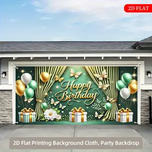 2D Flat, 1pc Elegant Butterfly Balloon Birthday Backdrop - 180.34x398.78 cm Polyester Fabric, Golden & Green Party Decoration with "Happy Birthday" Text, Perfect for Outdoor Celebrations, Garden Decor, and Garage Events, Birthday Party Decorations