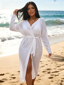 Women's Plus Size New Tie-Back Solid Color Sequin Mesh Long Sleeve Cover-Up, Perfect for Beach and Vacation, Stylish Party Top, Beach Coverups