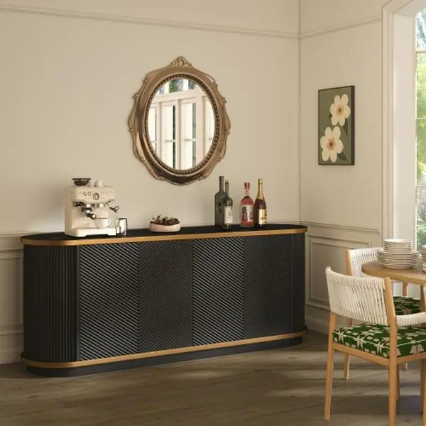 63" Wood Fluted 4-Door Walnut Sideboard Cabinet - Waterproof Melamine TV Stand with Gold Trim, Cream Faux Marble Top, Curved Sides, Light Play, Requires Assembly (63.0x17.8x26.0in, 91.1lbs) Modern Storage for Dining, Living Rooms