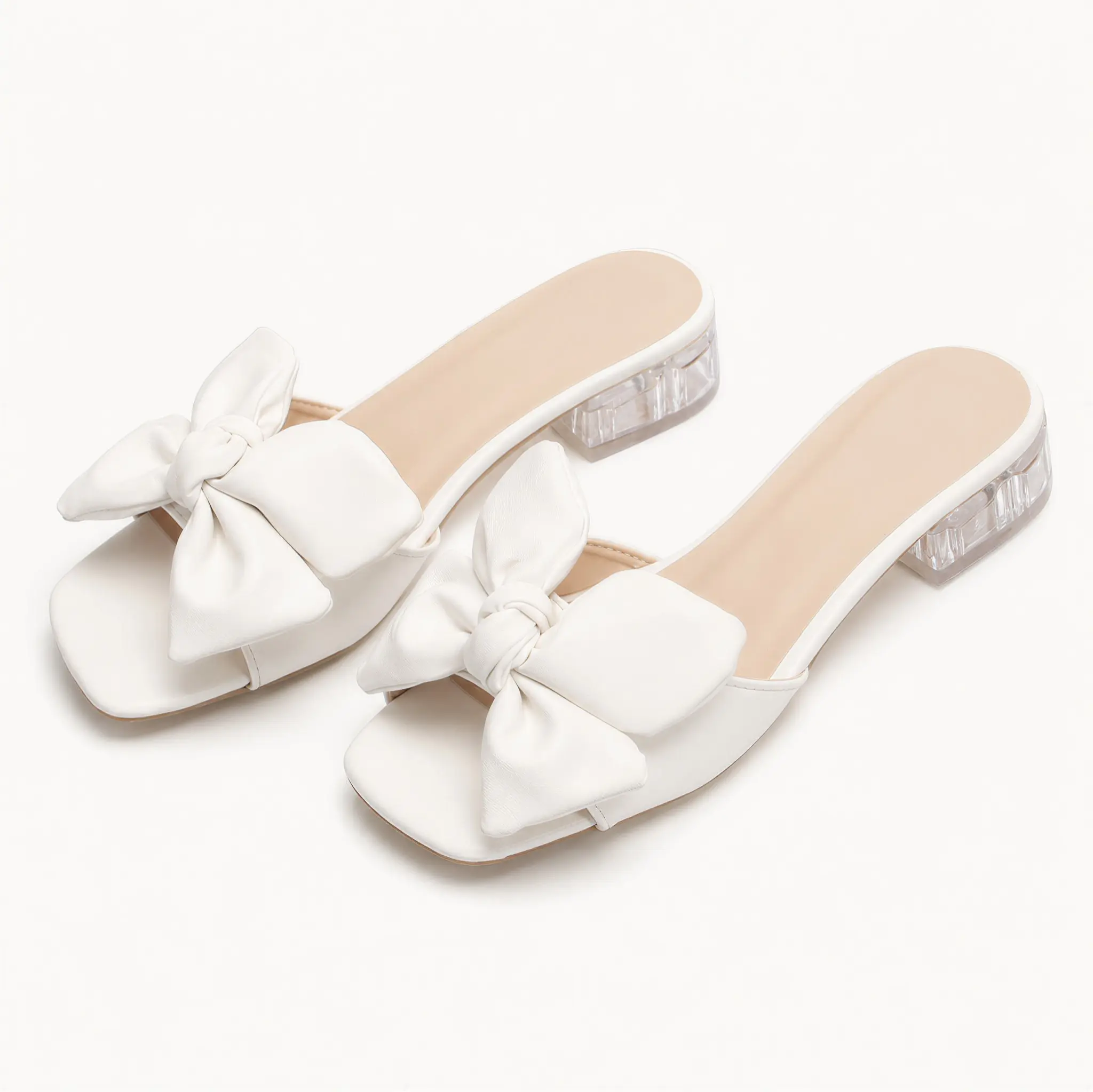Women’s Bow Low Heel Slide Sandals, Square Toe Slip-On Dress Sandals with Clear Block Heel, PU Upper & PVC Sole, Elegant White Mules for Office, Date Night, Party & Spring Summer Outfits