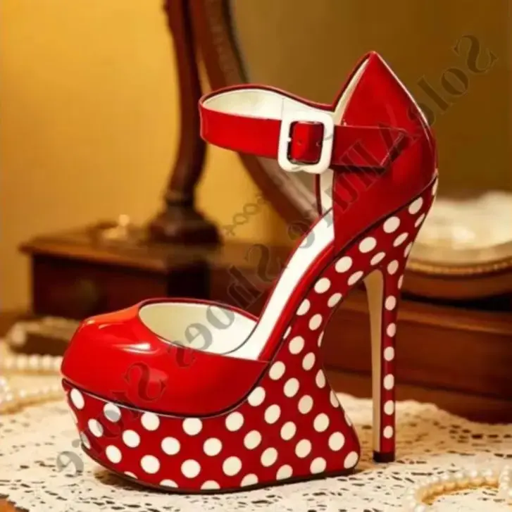 Retro Polka Dot Curved Hollow Wedge Platform Sandals Glossy Patent Leather Single Ankle Strap Buckle Sandals Open Toe Sexy Shoes