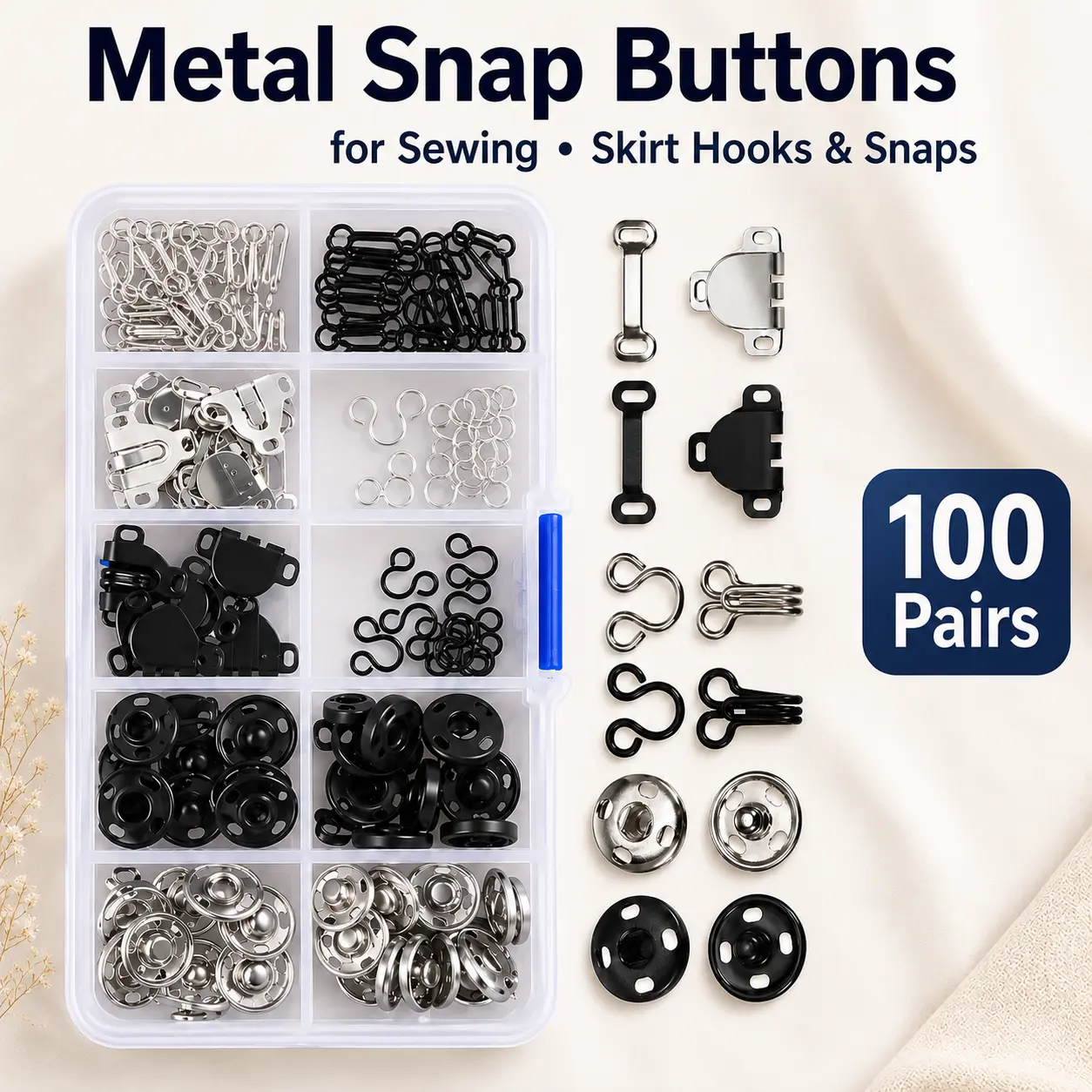 100 Pairs Metal Snap Buttons for Sewing - Skirt Hooks & Snaps for Clothing, Dresses and Bras