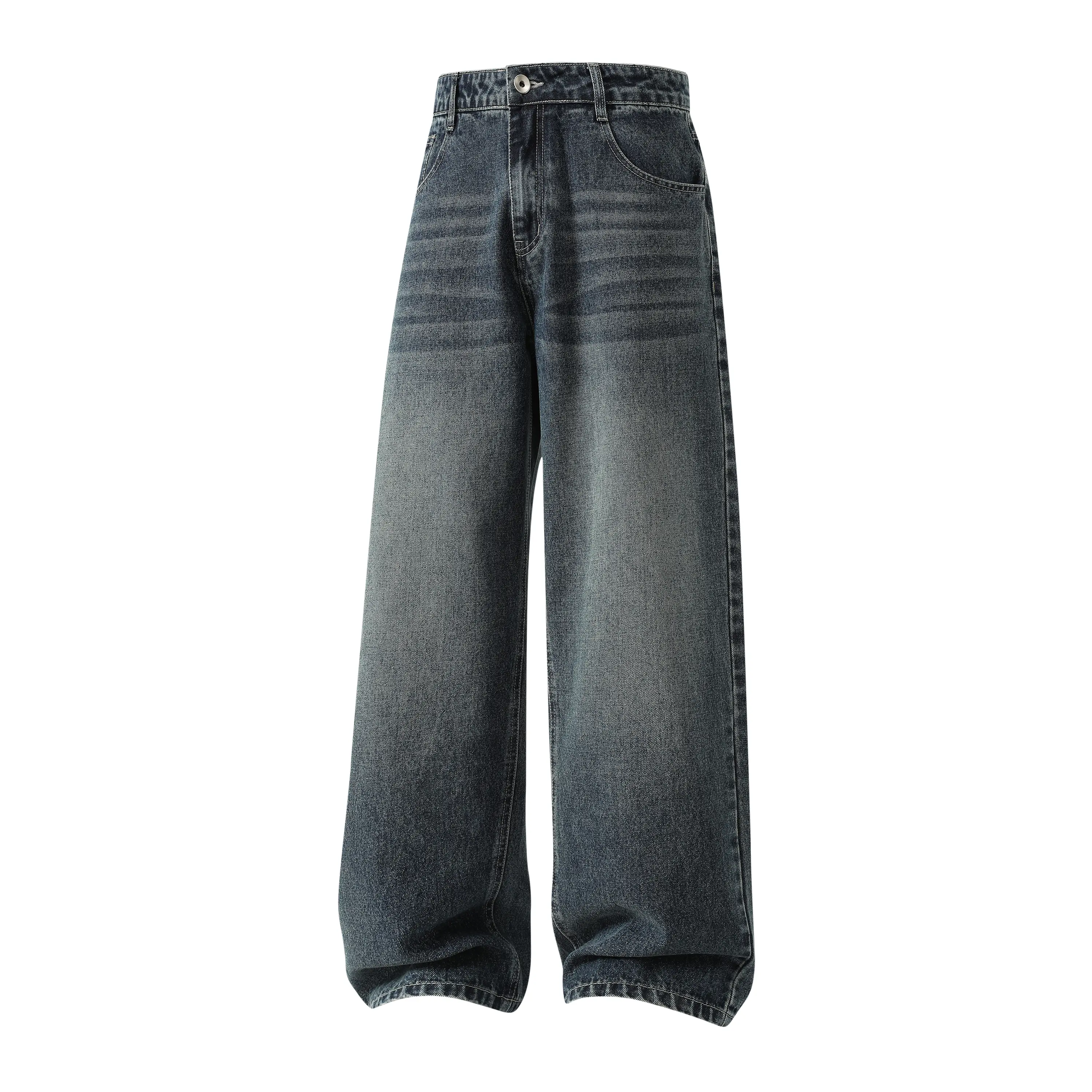 Men's High-Waist Baggy Jeans, Retro Washed Straight Leg Denim in Vintage Blue, Loose Fit Cotton-Blend for a 90s Streetwear Look, Retro Blue, Baggy Legs, Chic, Preppy, 90S Look