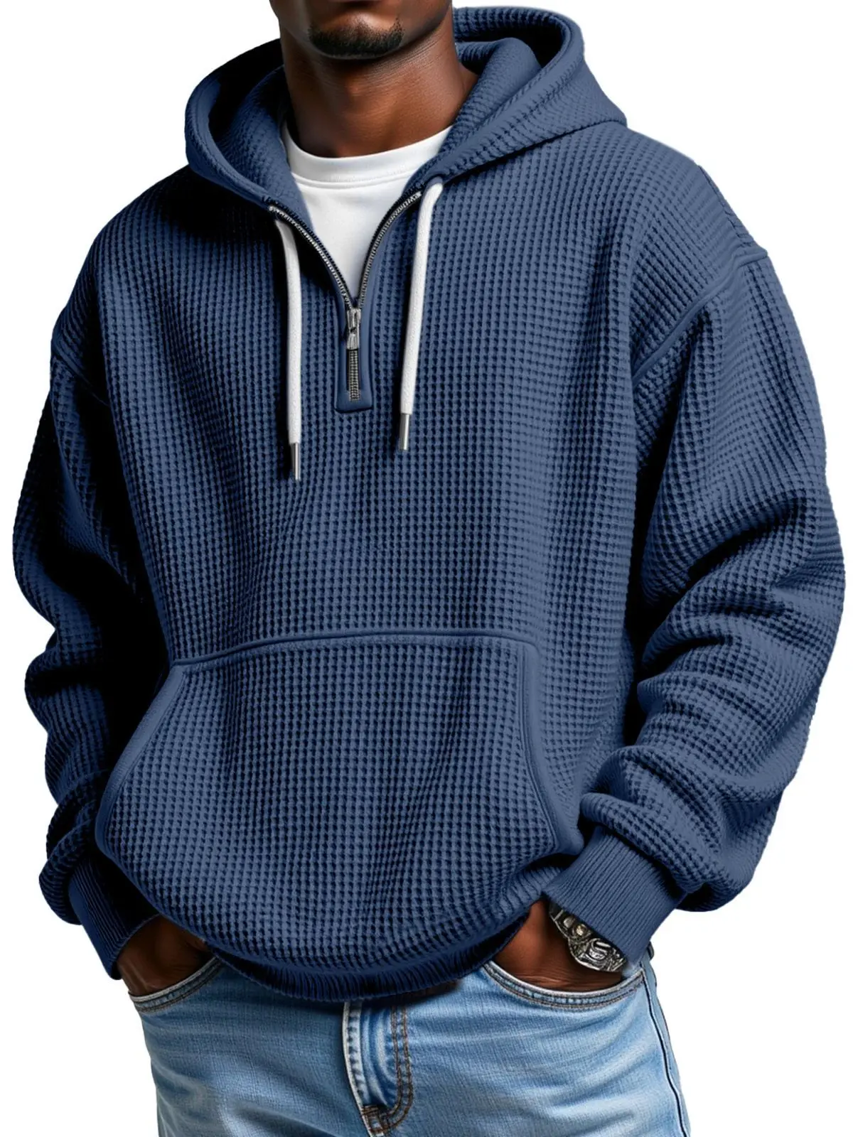 Men's Waffle Knit Zip Up Hoodie Long Sleeve Casual Pullover Top for Fall Winter