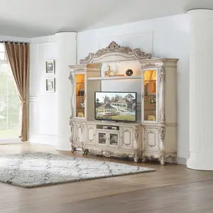 Acme 91440-43 Astoria Grand Welty Gorsedd Antique White Finish Wood Entertainment Center Wall Unit with Carved Details Glass Shelves & Touch Sensor Lights for Stylish Storage