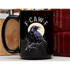 F-CAW-F Crow Lover Mug, Raven Moon Art Coffee Cup, Gothic Bird Design, Spooky Halloween Gift, Unique Nature Fan Tea Mug, Dark Academia Mug