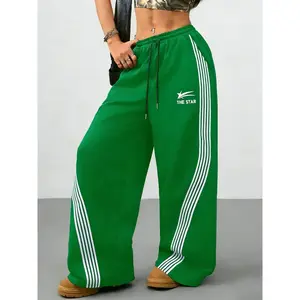 THE STAR Women's Black Wide-Leg Sweatpants with Side Stripes, High Waist Drawstring Casual Track Pants for Lounge Travel, Soft Loose-Fit Joggers with Elastic Waist, Athleisure Style Bottoms