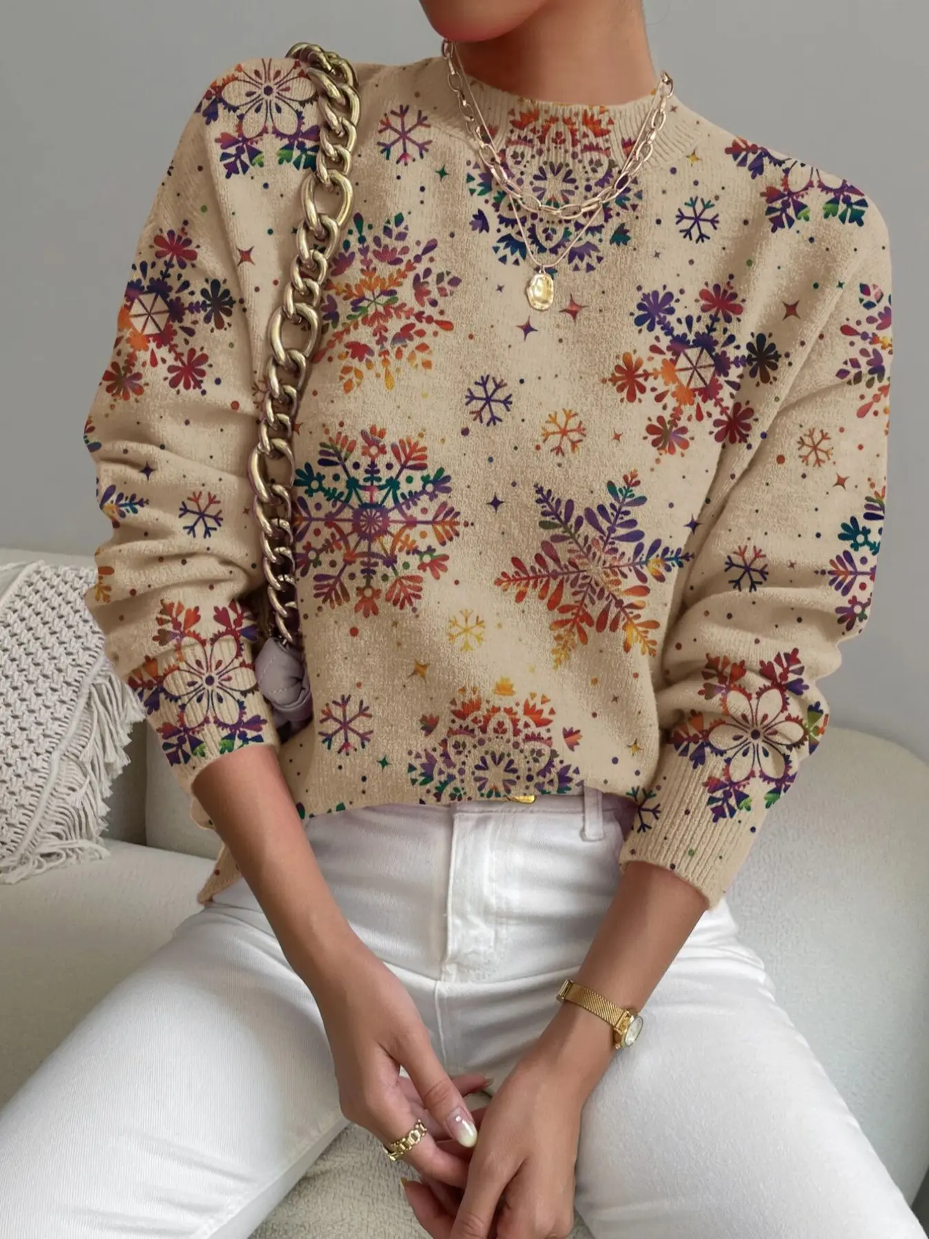 Women's Christmas Snowflake Print Stand Collar Sweater, Fall Winter Casual Long Sleeve Knitwear, Comfortable Warm Daily Wear