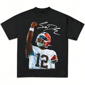"Unisex Shedeur Sanders Oversized Graphic Tee, Vintage Y2K Retro Rugby Print Crew Neck T-Shirt For Summer, Casual Outdoor, Sports Fan & Streetwear, Plus Size Available"