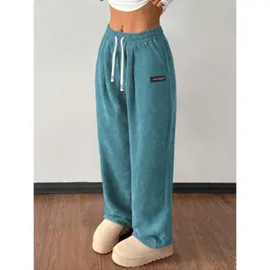 Women's Corduroy Jogger Pants, Drawstring Waist, Pockets Design, Casual Sportswear for Fall & Winter, Daily Wear Comfortable Fit, Workout Casual Baggy