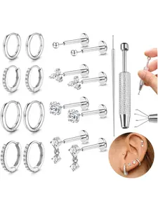 18PCS 16G/20G Helix Piercing Jewellery Surgical Steel Threadless Push in Labret for Lip/Nose Hypoallergenic Huggle Hoops Flat Back Earrings Set Conch Cartilage Tragus Piercing Jewellery Nose Piercing Jewelry Body Piercing Jewelry