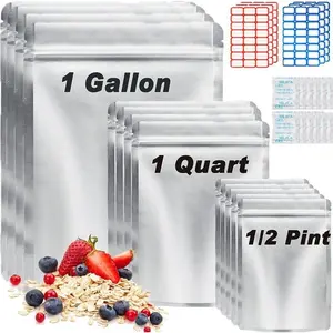 100 Pack Mylar Bags for Food Storage with Oxygen Absorbers, 1 Gallon 9.4 Mil 10"x14", 7"x10", 5"x7" Stand-Up Zipper Pouches Resealable Mylar Bags for Long Term Food Storage (144 Labels)