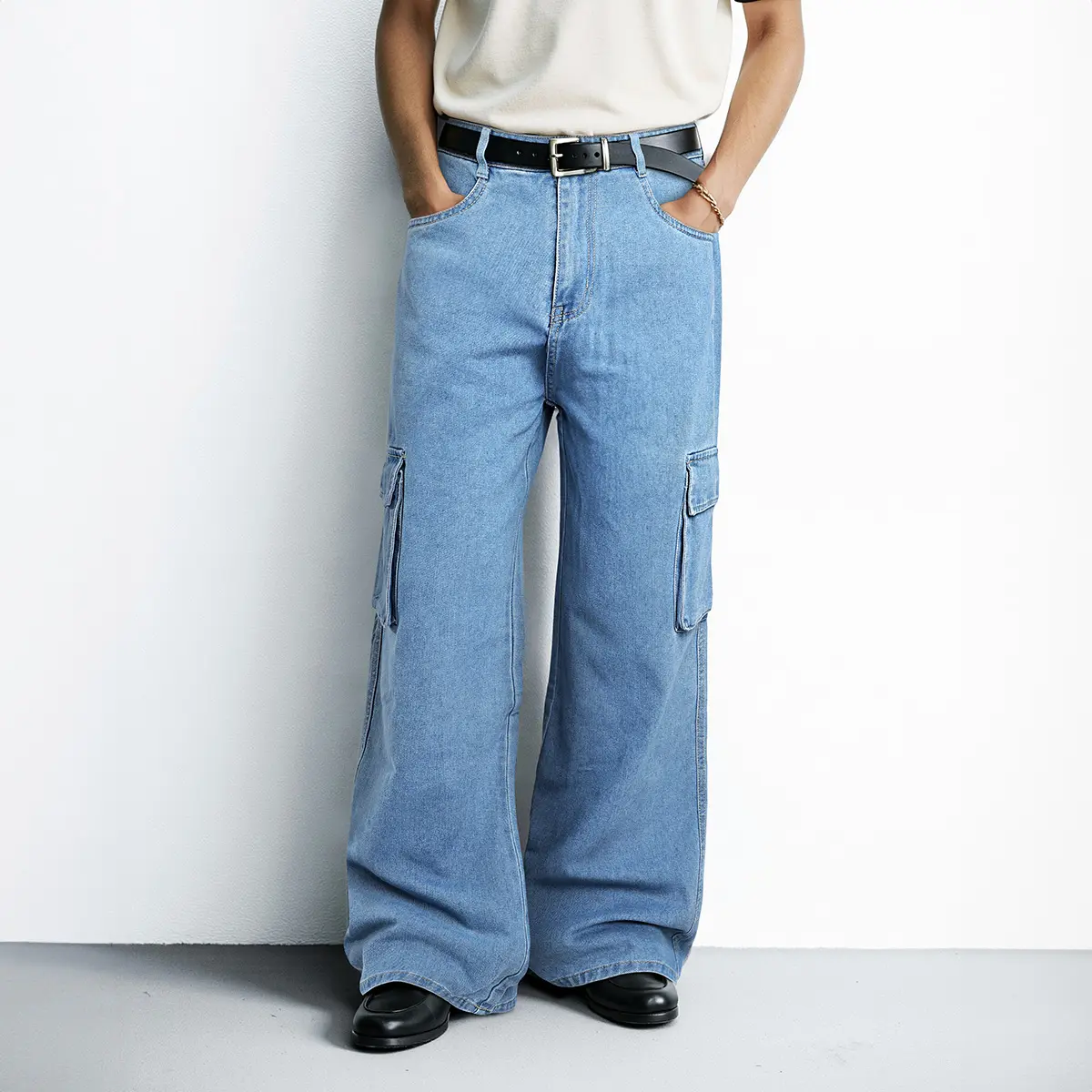 GINGTTO Men's Baggy Jeans Fashion Wide Leg Hip Hop Skateboard Pants Streetwear Denim Pants with Cargo Pockets