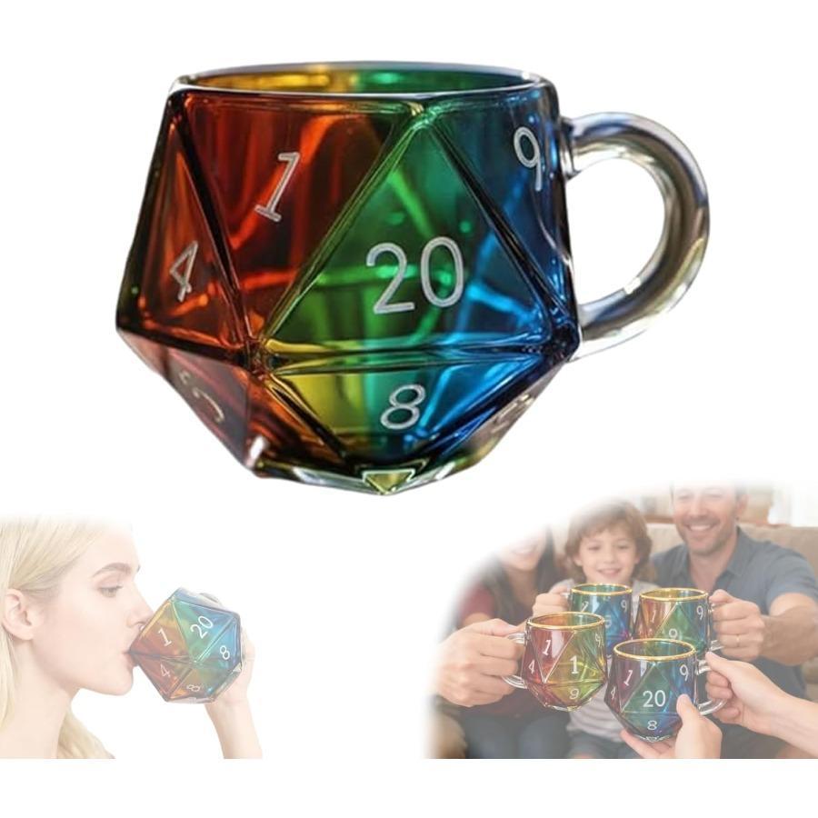D20 Dice Glass Cup | Perfect for Game Nights, Birthdays & DnD Parties . 2026 Unique Rainbow Dice Mug, Multi-Sided Coffee Cup, Vibrant Rainbow Colors, Perfect for Gamers and Collectors, Creative Gift Idea